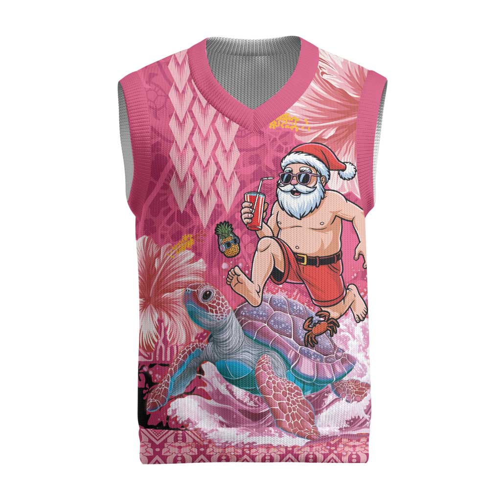 Hawaii Mele Kalikimaka Christmas Knitted V-Neck Vest Funny Santa with Tribal Tattoos Kakau Pink Color LT03 Pink - Polynesian Pride