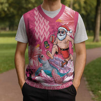 Hawaii Mele Kalikimaka Christmas Knitted V-Neck Vest Funny Santa with Tribal Tattoos Kakau Pink Color LT03 - Polynesian Pride