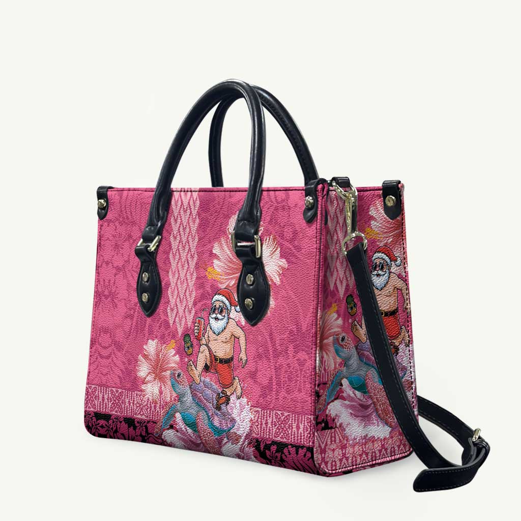 Hawaii Mele Kalikimaka Leather Bag Funny Santa with Tribal Tattoos Kakau Pink Color - Polynesian Pride