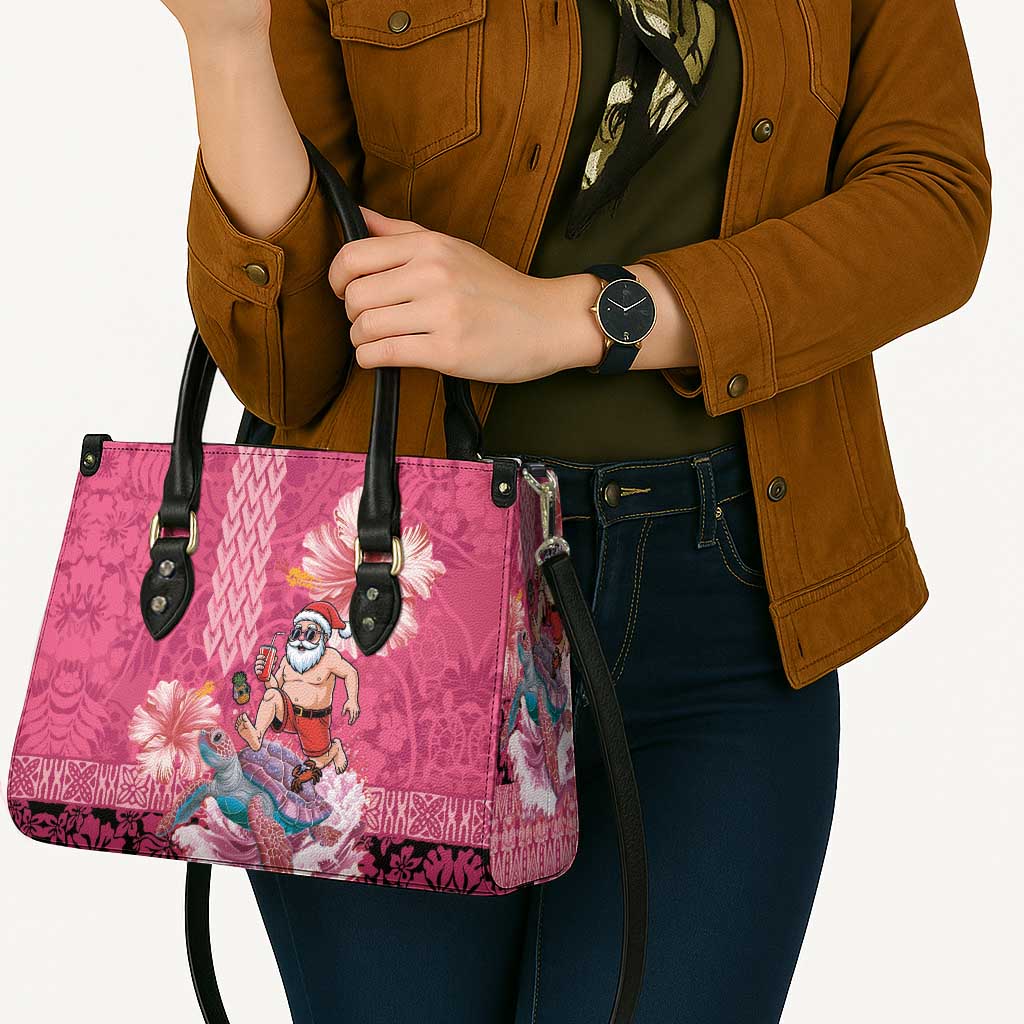 Hawaii Mele Kalikimaka Leather Bag Funny Santa with Tribal Tattoos Kakau Pink Color - Polynesian Pride