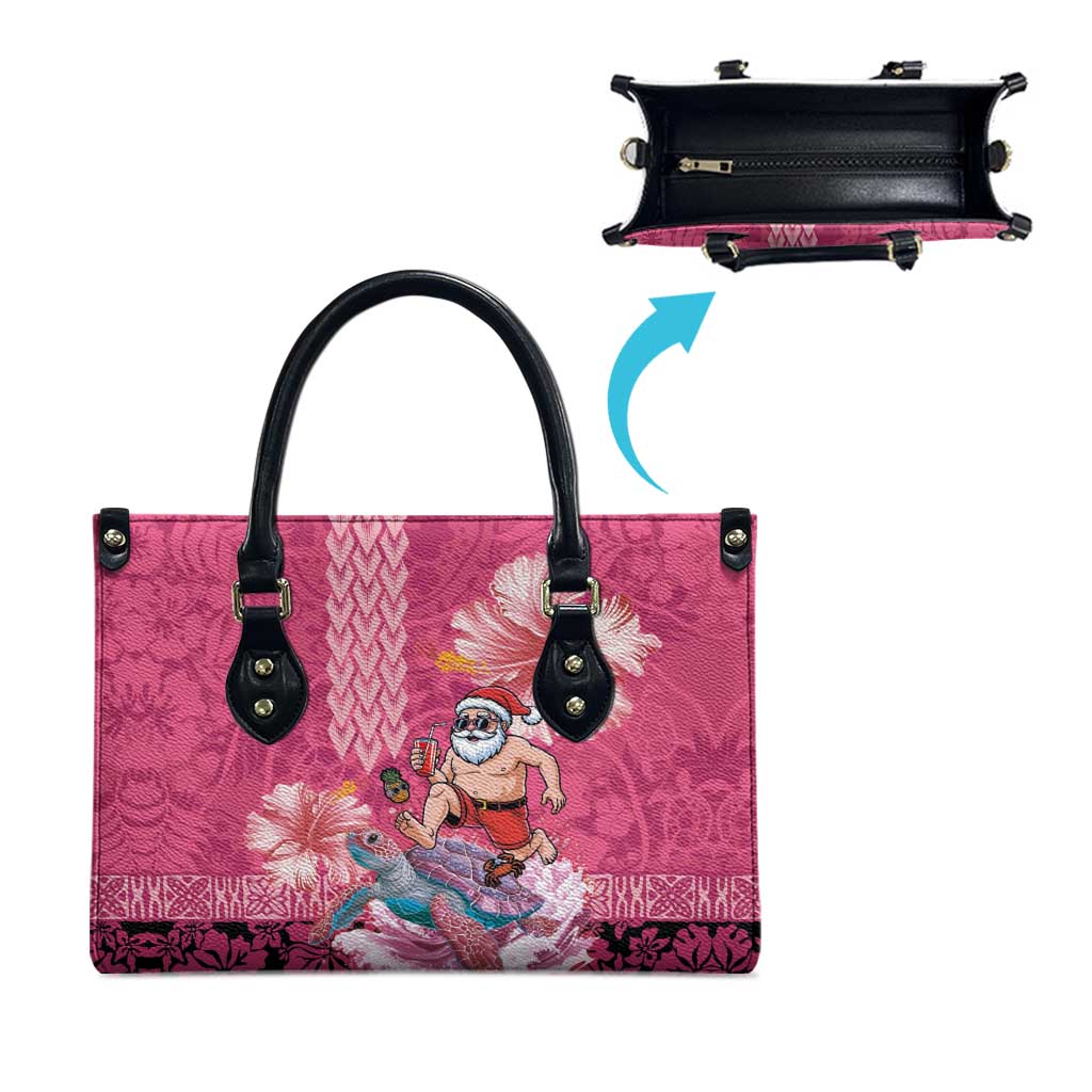 Hawaii Mele Kalikimaka Leather Bag Funny Santa with Tribal Tattoos Kakau Pink Color - Polynesian Pride