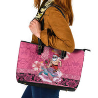 Hawaii Mele Kalikimaka Leather Tote Bag Funny Santa with Tribal Tattoos Kakau Pink Color - Polynesian Pride