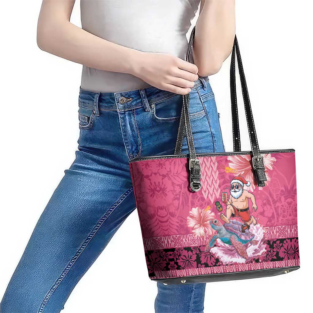 Hawaii Mele Kalikimaka Leather Tote Bag Funny Santa with Tribal Tattoos Kakau Pink Color - Polynesian Pride