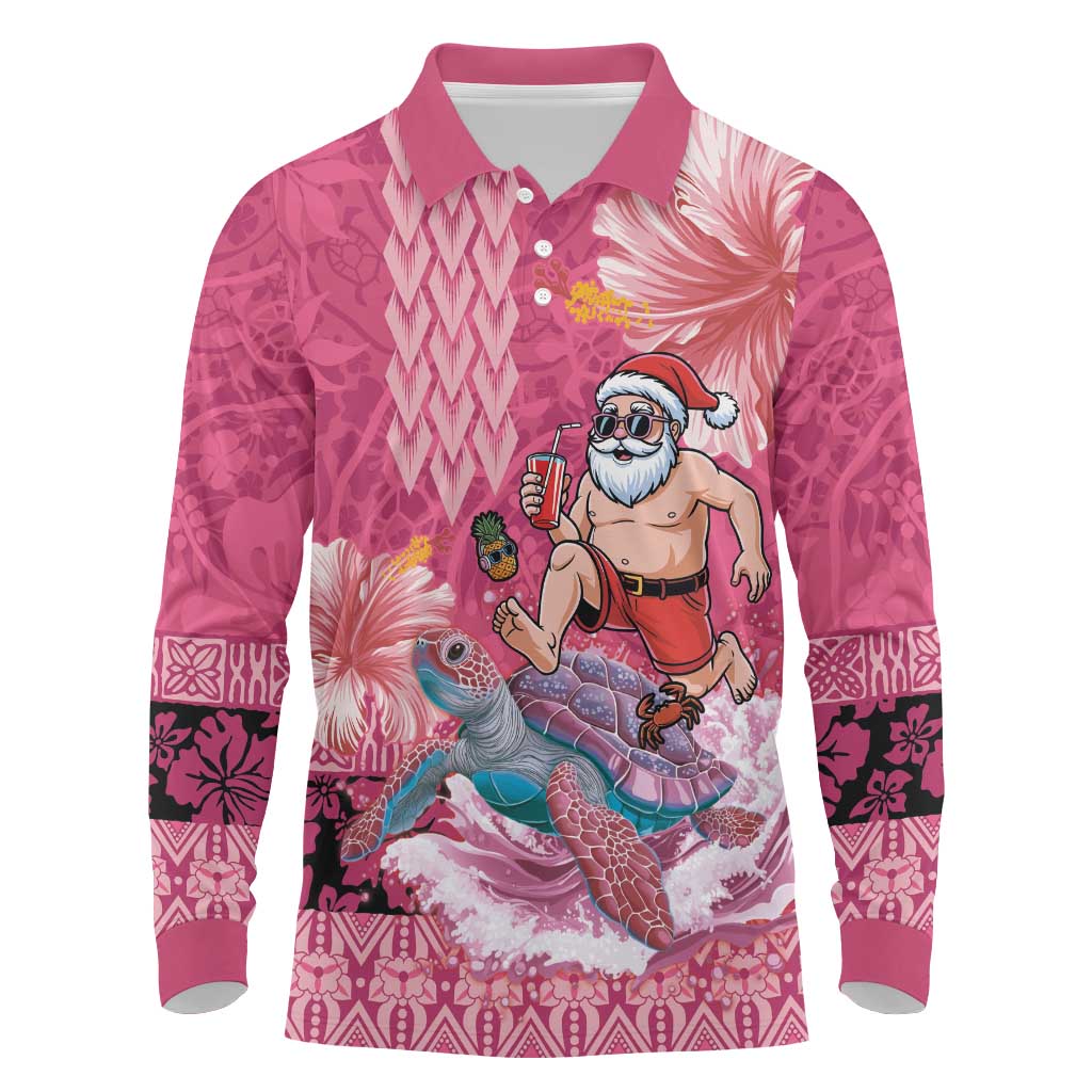 Hawaii Mele Kalikimaka Long Sleeve Polo Shirt Funny Santa with Tribal Tattoos Kakau Pink Color LT03 Pink - Polynesian Pride