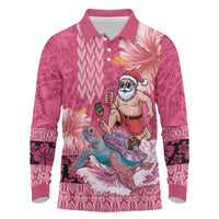 Hawaii Mele Kalikimaka Long Sleeve Polo Shirt Funny Santa with Tribal Tattoos Kakau Pink Color LT03 Pink - Polynesian Pride