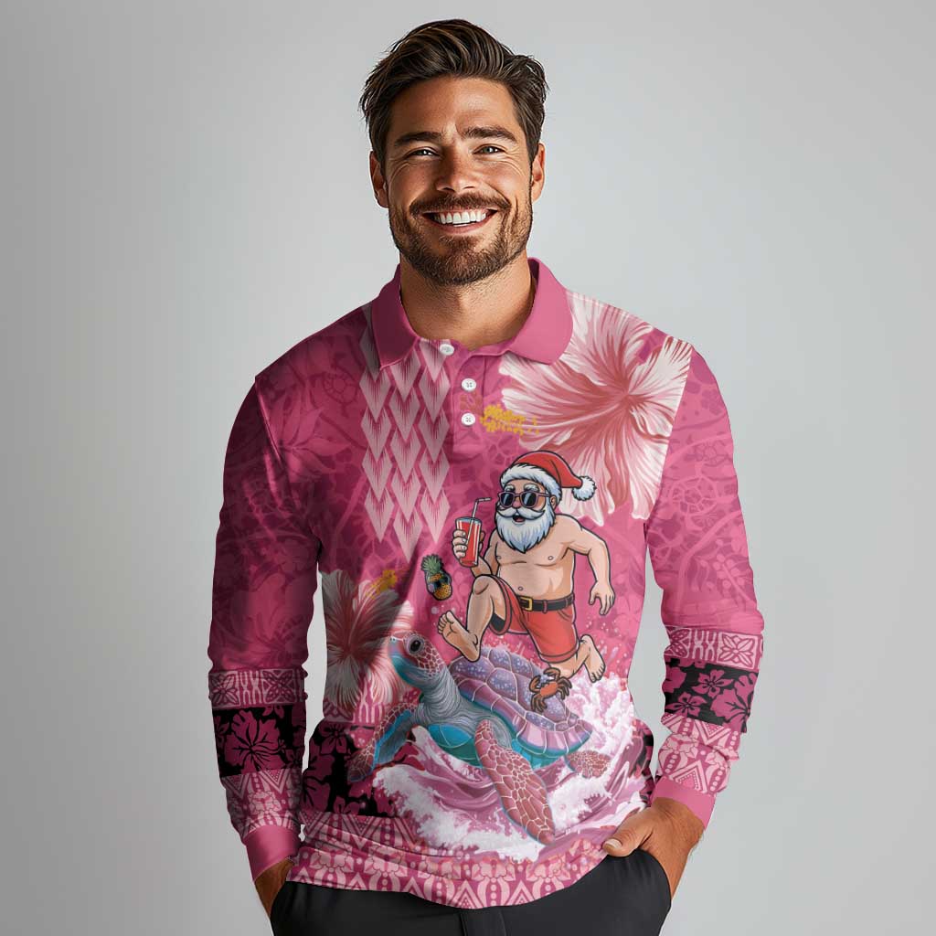 Hawaii Mele Kalikimaka Long Sleeve Polo Shirt Funny Santa with Tribal Tattoos Kakau Pink Color LT03 - Polynesian Pride