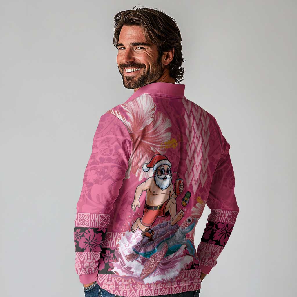 Hawaii Mele Kalikimaka Long Sleeve Polo Shirt Funny Santa with Tribal Tattoos Kakau Pink Color LT03 - Polynesian Pride