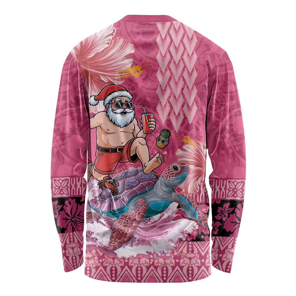Hawaii Mele Kalikimaka Long Sleeve Shirt Funny Santa with Tribal Tattoos Kakau Pink Color LT03 - Polynesian Pride