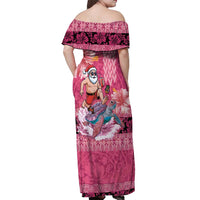 Hawaii Mele Kalikimaka Off Shoulder Maxi Dress Funny Santa with Tribal Tattoos Kakau Pink Color LT03 - Polynesian Pride
