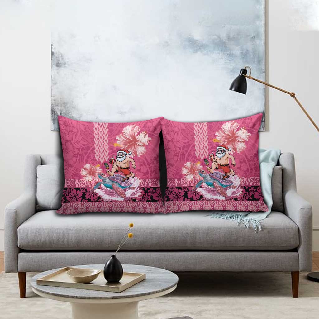 Hawaii Mele Kalikimaka Pillow Cover Funny Santa with Tribal Tattoos Kakau Pink Color - Polynesian Pride