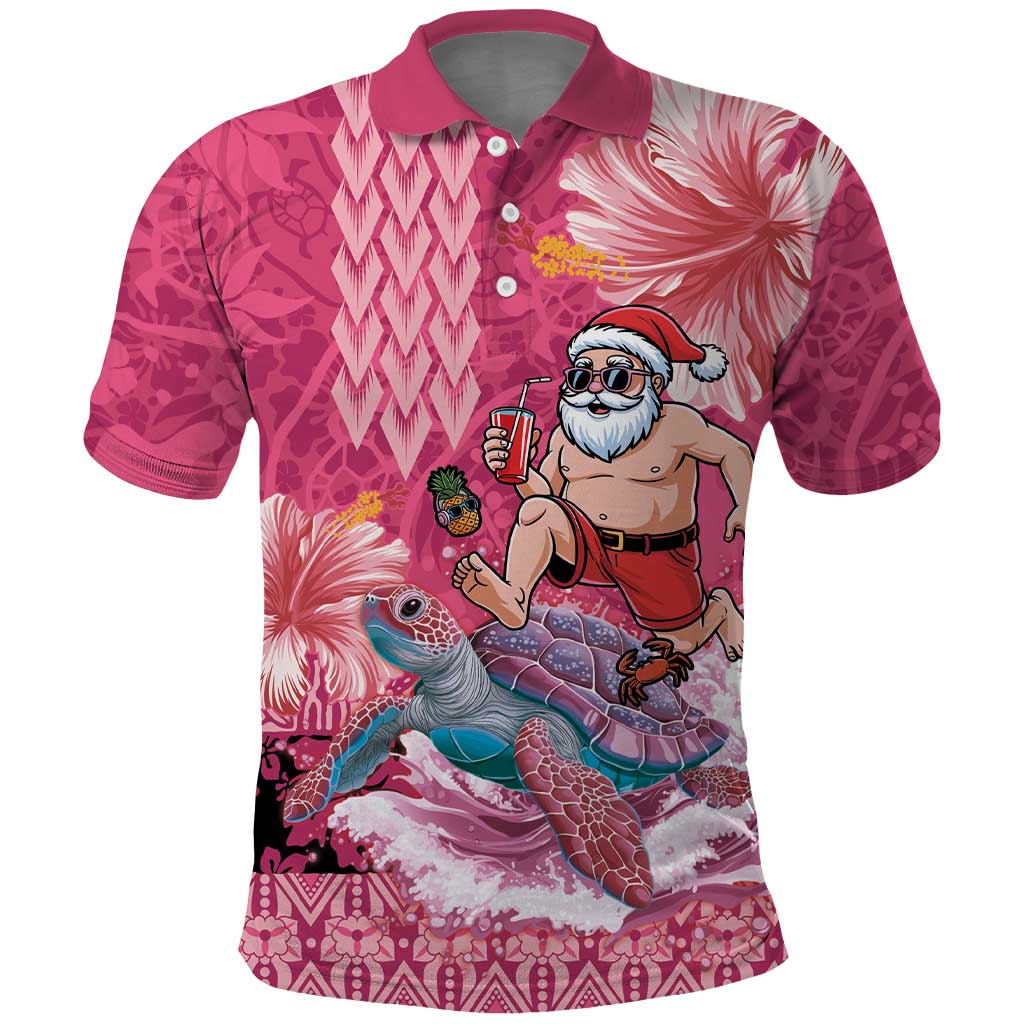 Hawaii Mele Kalikimaka Polo Shirt Funny Santa with Tribal Tattoos Kakau Pink Color LT03 Pink - Polynesian Pride