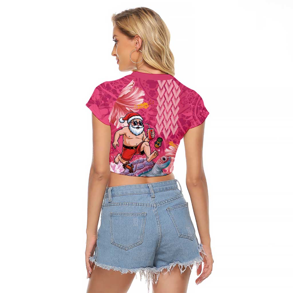 Hawaii Mele Kalikimaka Raglan Cropped T Shirt Funny Santa with Tribal Tattoos Kakau Pink Color LT03 - Polynesian Pride