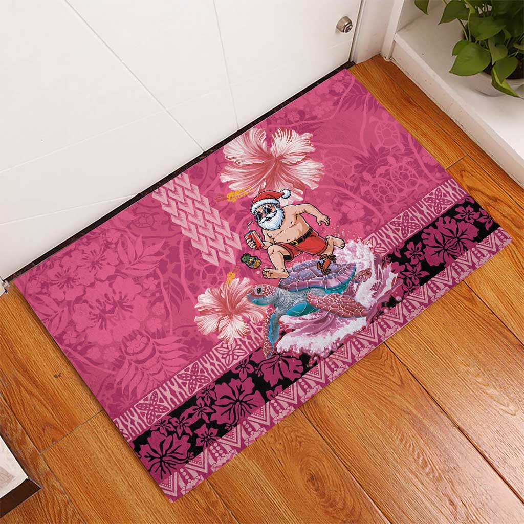 Hawaii Mele Kalikimaka Rubber Doormat Funny Santa with Tribal Tattoos Kakau Pink Color LT03 - Polynesian Pride