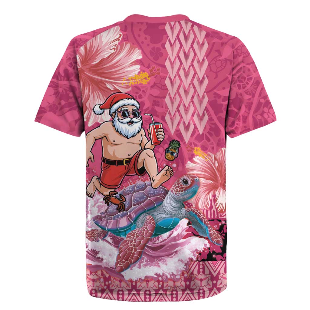 Hawaii Mele Kalikimaka Rugby Jersey Funny Santa with Tribal Tattoos Kakau Pink Color - Polynesian Pride
