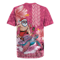 Hawaii Mele Kalikimaka Rugby Jersey Funny Santa with Tribal Tattoos Kakau Pink Color - Polynesian Pride
