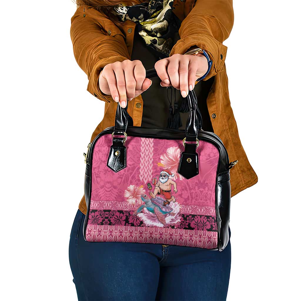 Hawaii Mele Kalikimaka Shoulder Handbag Funny Santa with Tribal Tattoos Kakau Pink Color - Polynesian Pride