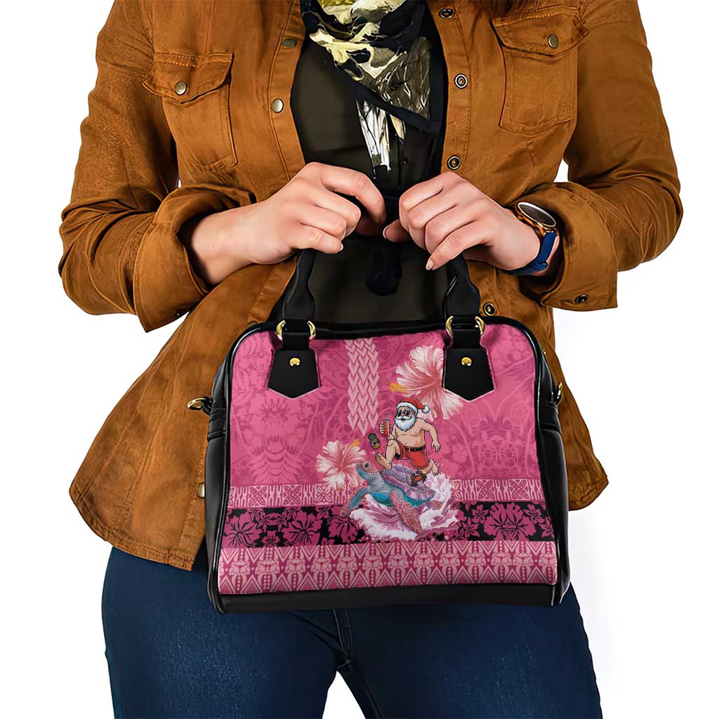 Hawaii Mele Kalikimaka Shoulder Handbag Funny Santa with Tribal Tattoos Kakau Pink Color - Polynesian Pride