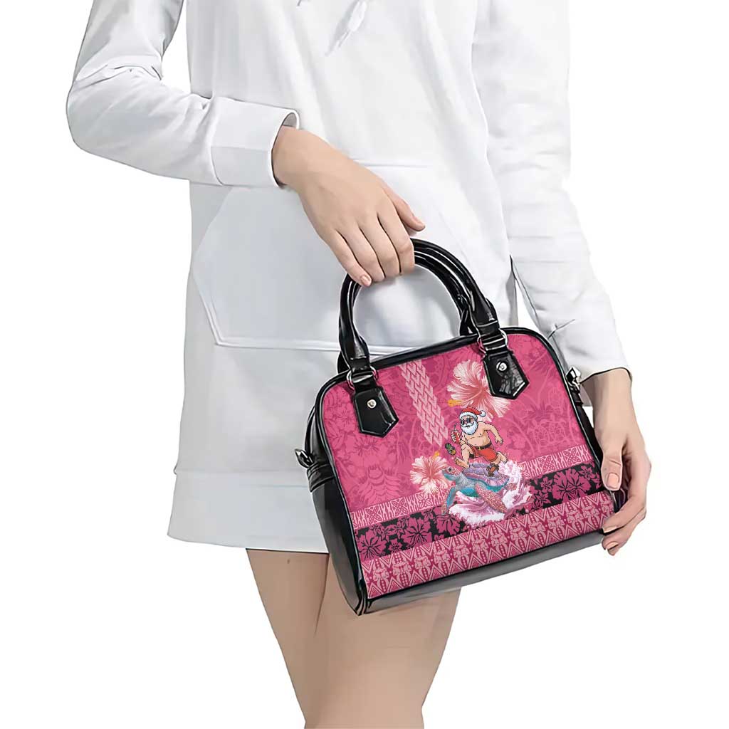 Hawaii Mele Kalikimaka Shoulder Handbag Funny Santa with Tribal Tattoos Kakau Pink Color - Polynesian Pride