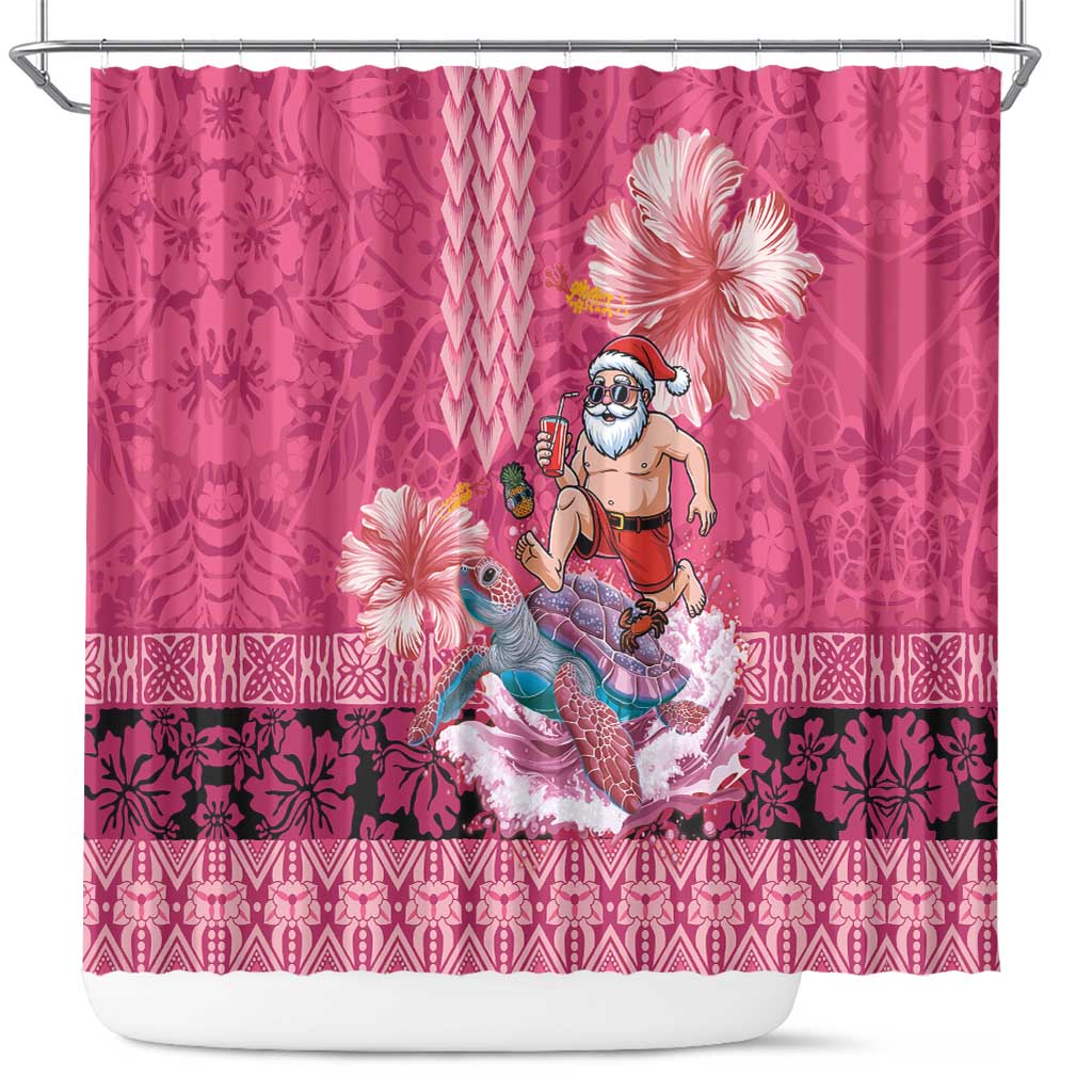 Hawaii Mele Kalikimaka Shower Curtain Funny Santa with Tribal Tattoos Kakau Pink Color LT03 Pink - Polynesian Pride