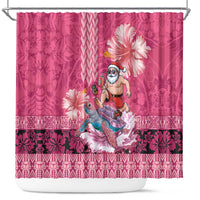 Hawaii Mele Kalikimaka Shower Curtain Funny Santa with Tribal Tattoos Kakau Pink Color LT03 Pink - Polynesian Pride