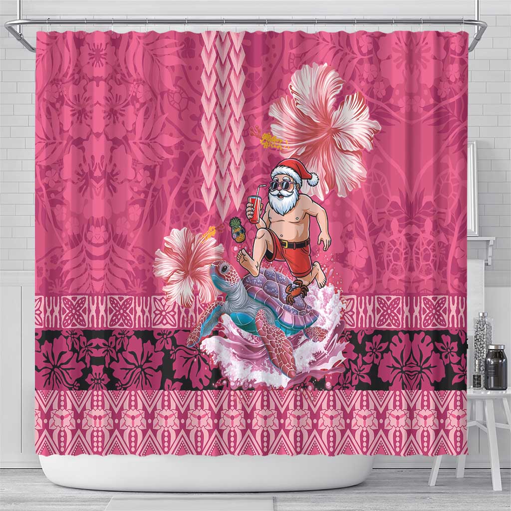 Hawaii Mele Kalikimaka Shower Curtain Funny Santa with Tribal Tattoos Kakau Pink Color LT03 - Polynesian Pride