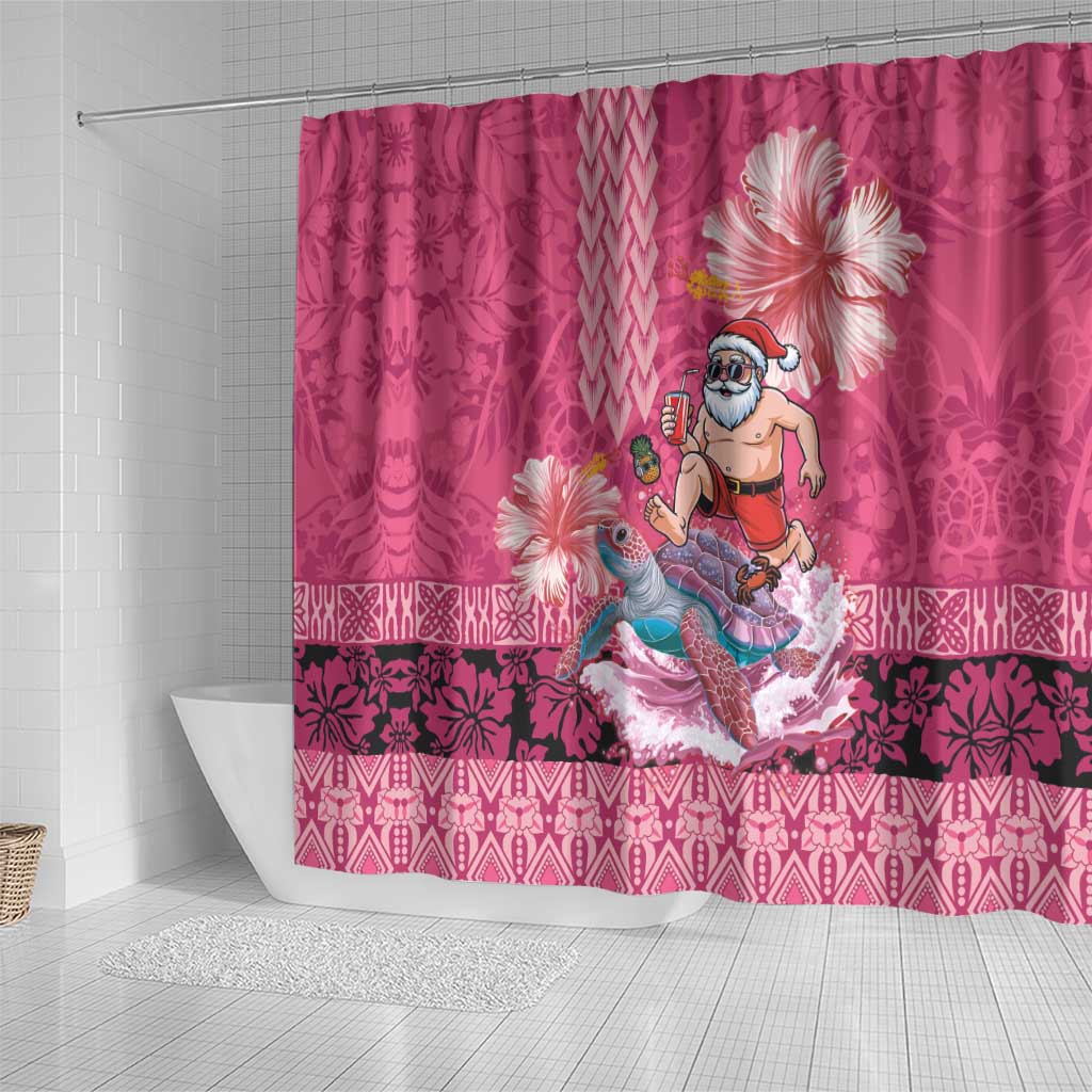 Hawaii Mele Kalikimaka Shower Curtain Funny Santa with Tribal Tattoos Kakau Pink Color LT03 - Polynesian Pride