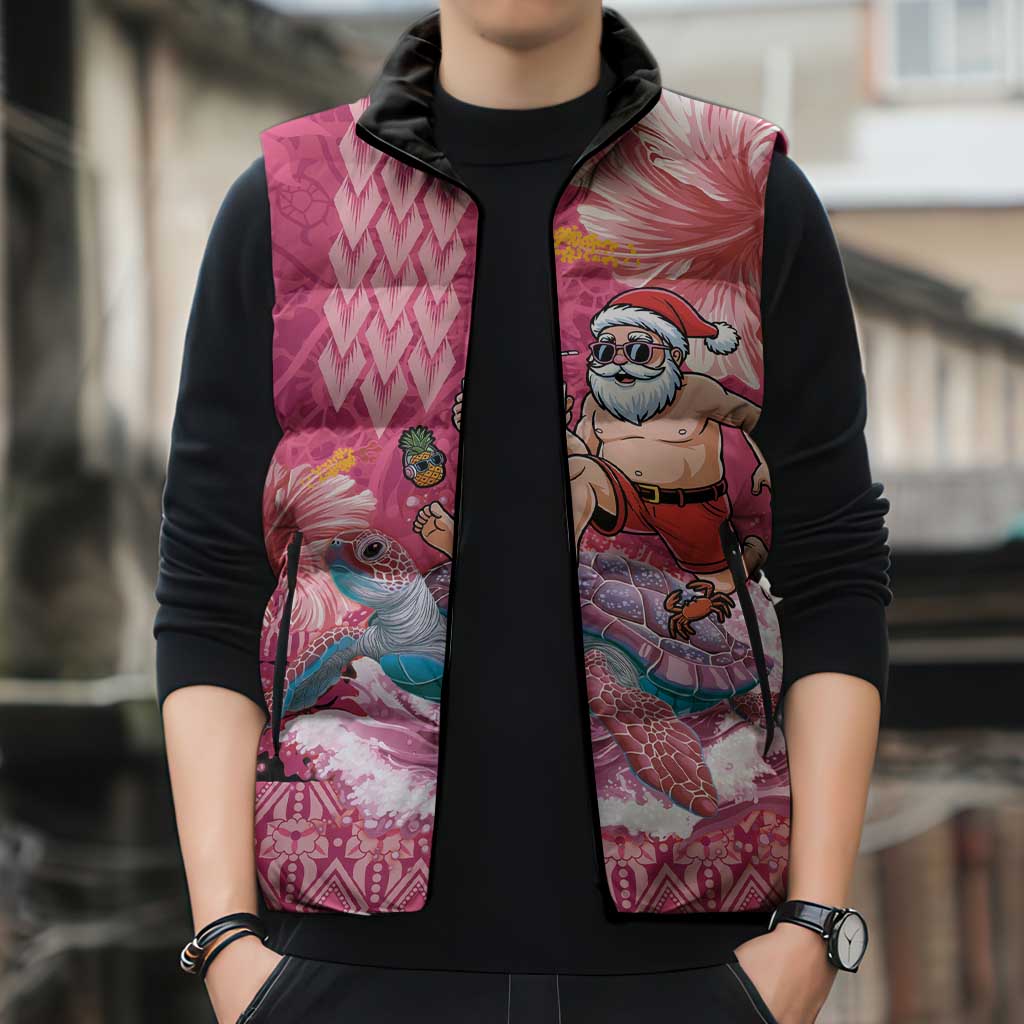 Hawaii Mele Kalikimaka Sleeveless Puffer Jacket Funny Santa with Tribal Tattoos Kakau Pink Color - Polynesian Pride