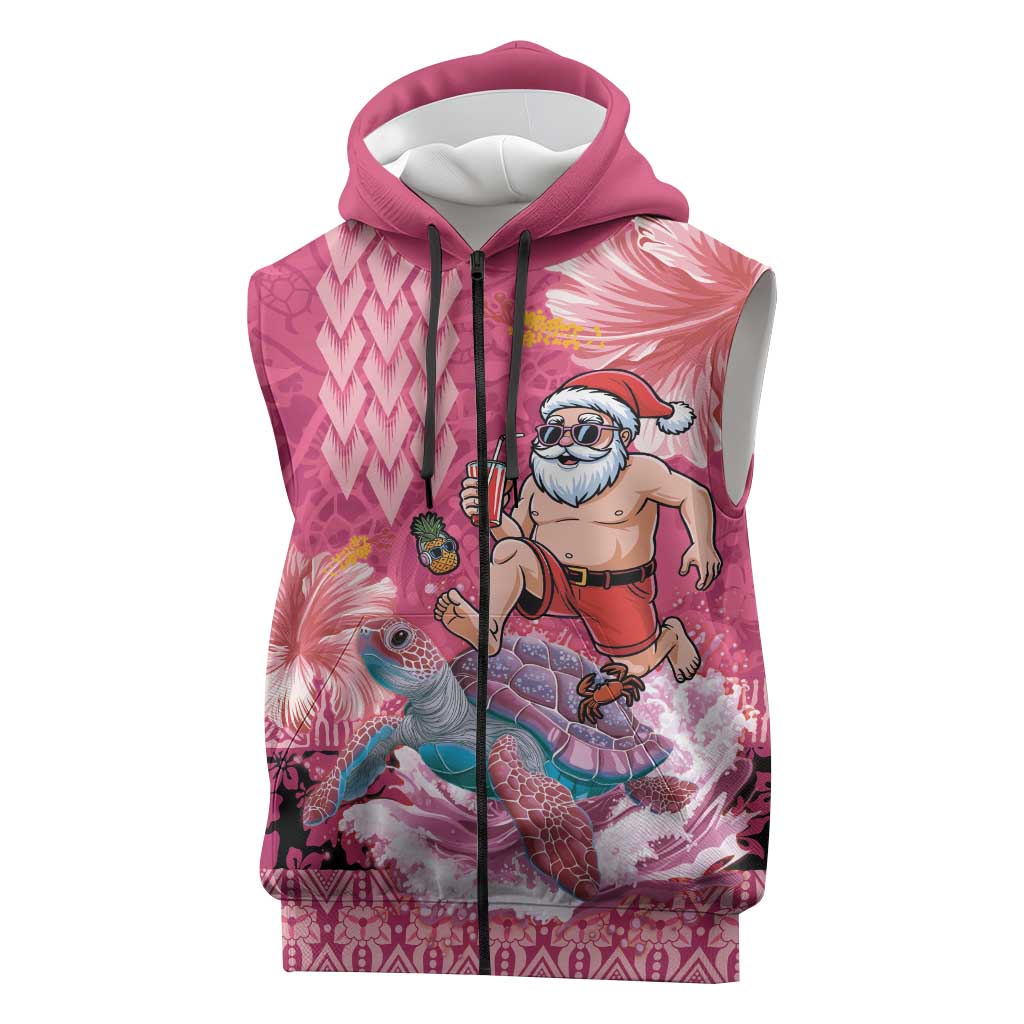 Hawaii Mele Kalikimaka Sleeveless Zip Hoodie Funny Santa with Tribal Tattoos Kakau Pink Color LT03 Pink - Polynesian Pride