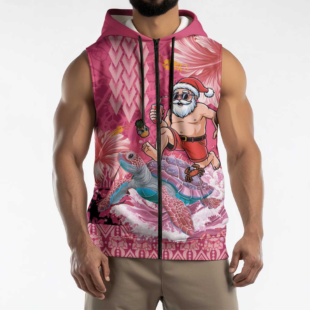 Hawaii Mele Kalikimaka Sleeveless Zip Hoodie Funny Santa with Tribal Tattoos Kakau Pink Color LT03 - Polynesian Pride