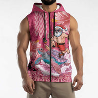 Hawaii Mele Kalikimaka Sleeveless Zip Hoodie Funny Santa with Tribal Tattoos Kakau Pink Color LT03 - Polynesian Pride