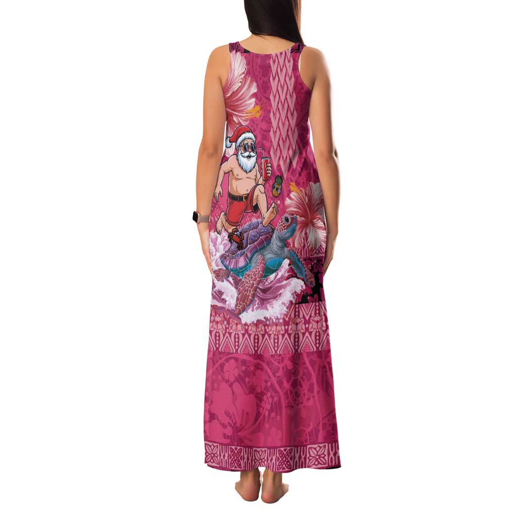 Hawaii Mele Kalikimaka Tank Maxi Dress Funny Santa with Tribal Tattoos Kakau Pink Color LT03 - Polynesian Pride