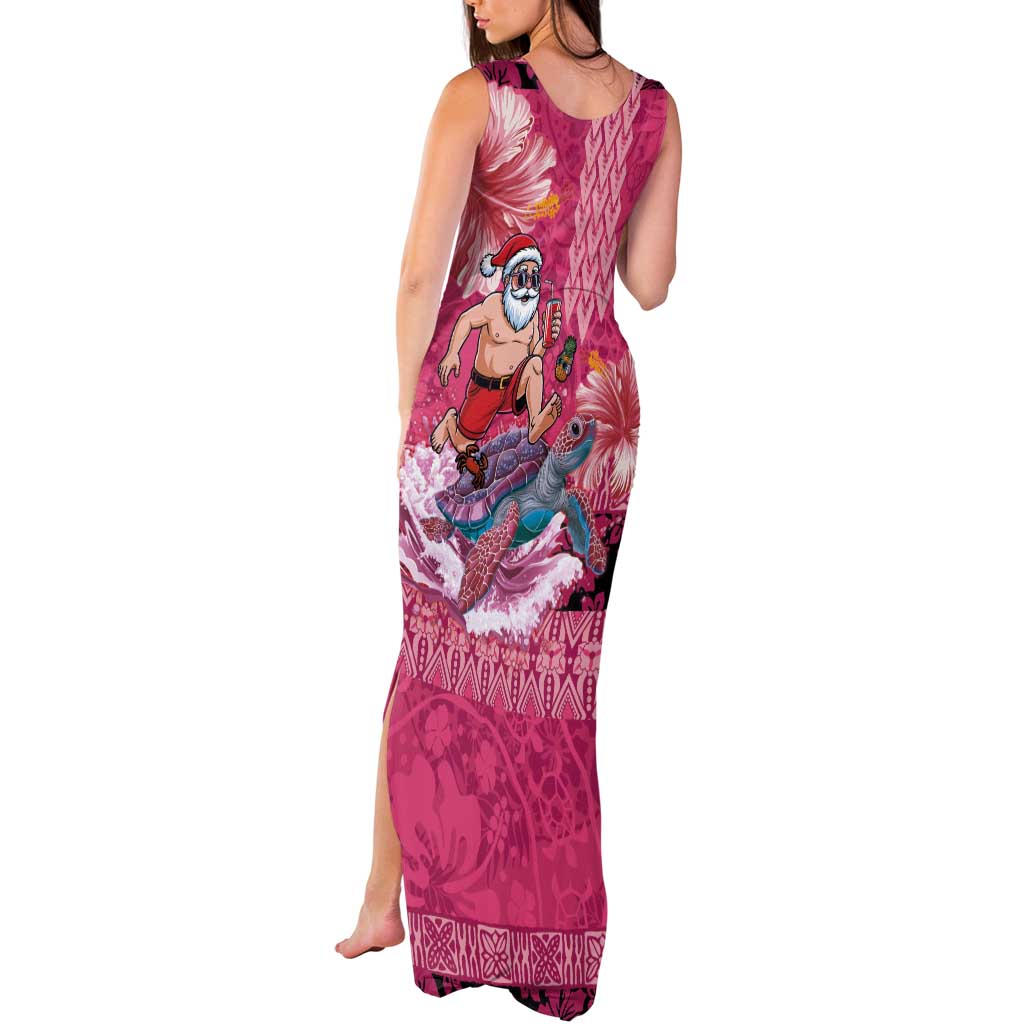 Hawaii Mele Kalikimaka Tank Maxi Dress Funny Santa with Tribal Tattoos Kakau Pink Color LT03 - Polynesian Pride