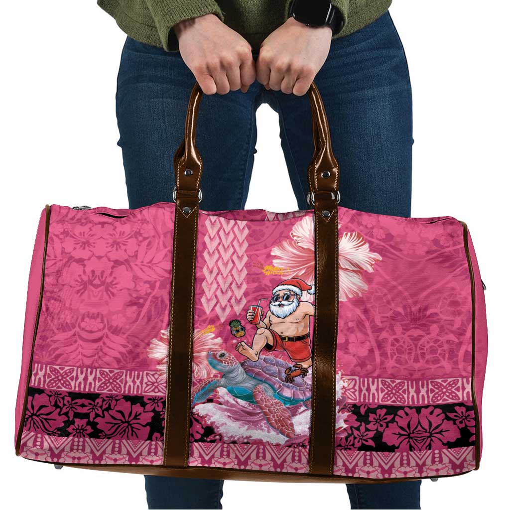 Hawaii Mele Kalikimaka Travel Bag Funny Santa with Tribal Tattoos Kakau Pink Color - Polynesian Pride