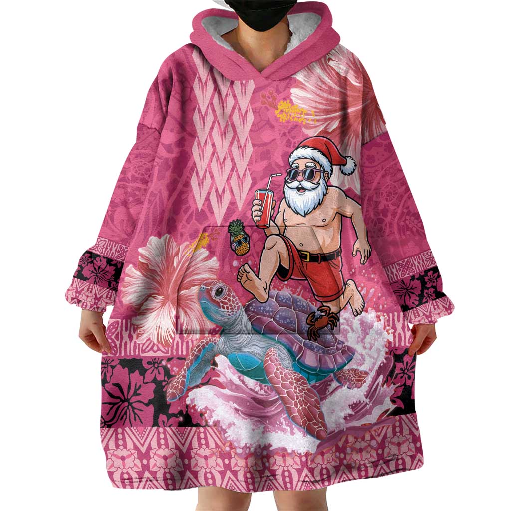 Hawaii Mele Kalikimaka Wearable Blanket Hoodie Funny Santa with Tribal Tattoos Kakau Pink Color LT03 - Polynesian Pride