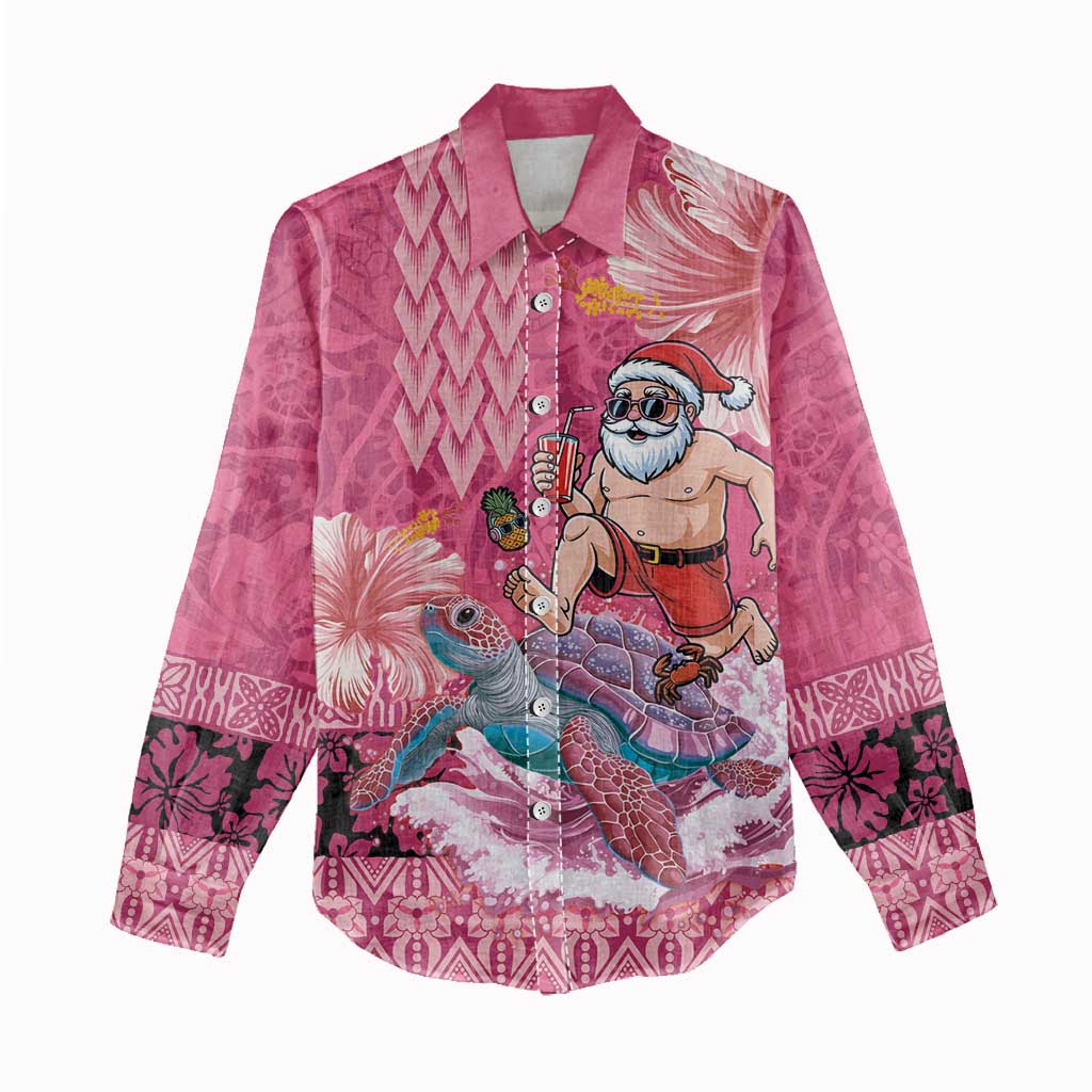 Hawaii Mele Kalikimaka Women Casual Shirt Funny Santa with Tribal Tattoos Kakau Pink Color LT03 - Polynesian Pride