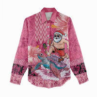 Hawaii Mele Kalikimaka Women Casual Shirt Funny Santa with Tribal Tattoos Kakau Pink Color LT03 - Polynesian Pride