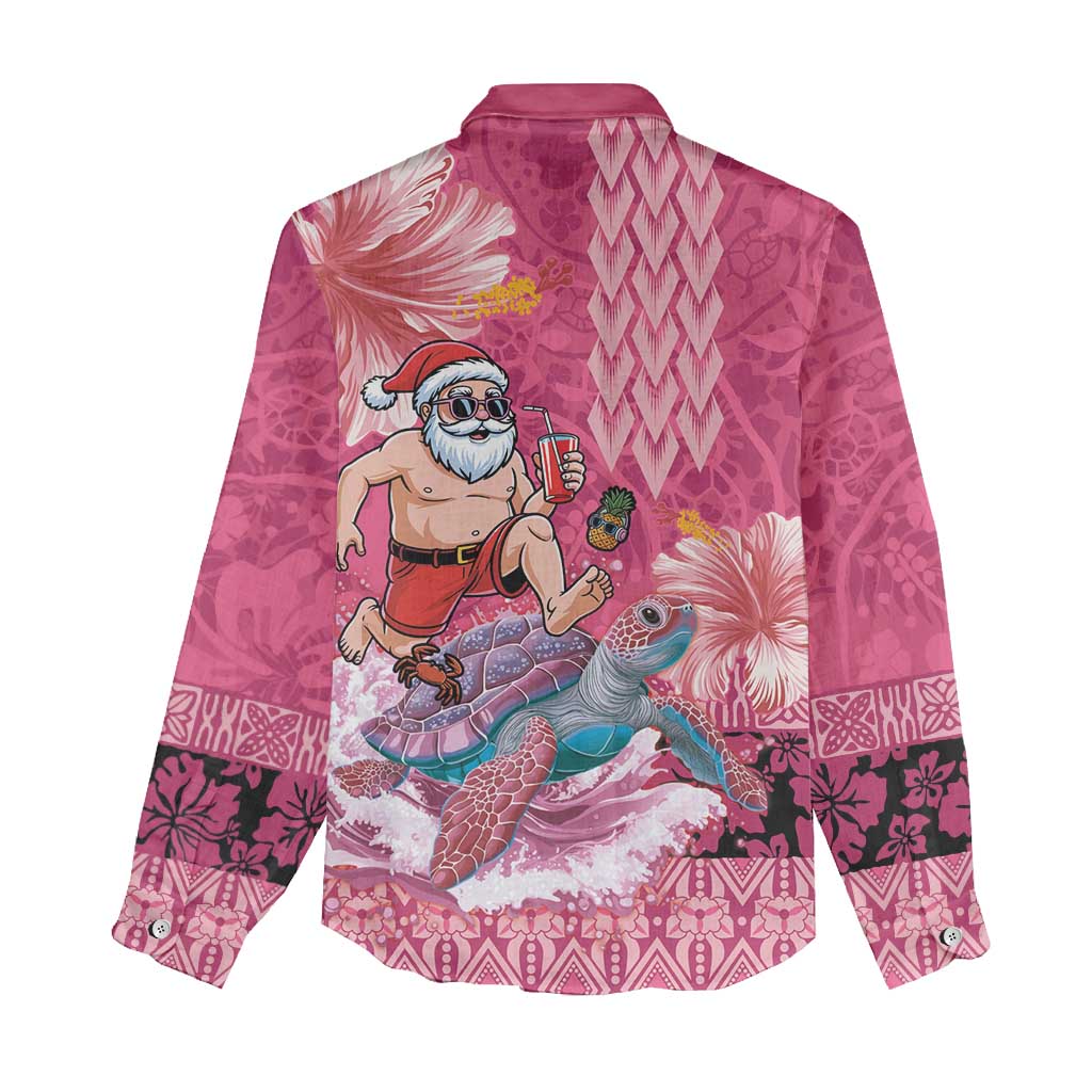 Hawaii Mele Kalikimaka Women Casual Shirt Funny Santa with Tribal Tattoos Kakau Pink Color LT03 - Polynesian Pride