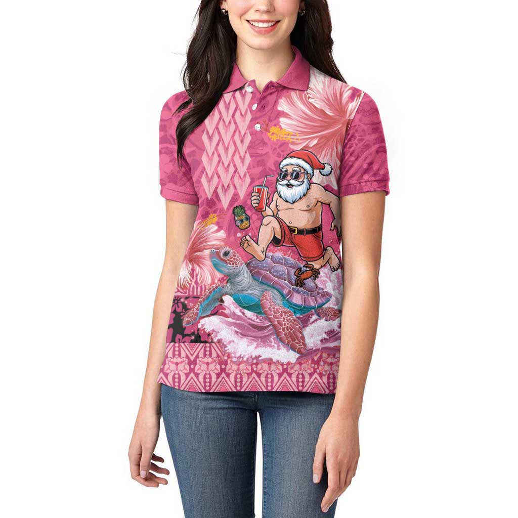 Hawaii Mele Kalikimaka Women Polo Shirt Funny Santa with Tribal Tattoos Kakau Pink Color LT03 - Polynesian Pride