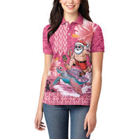 Hawaii Mele Kalikimaka Women Polo Shirt Funny Santa with Tribal Tattoos Kakau Pink Color LT03 - Polynesian Pride
