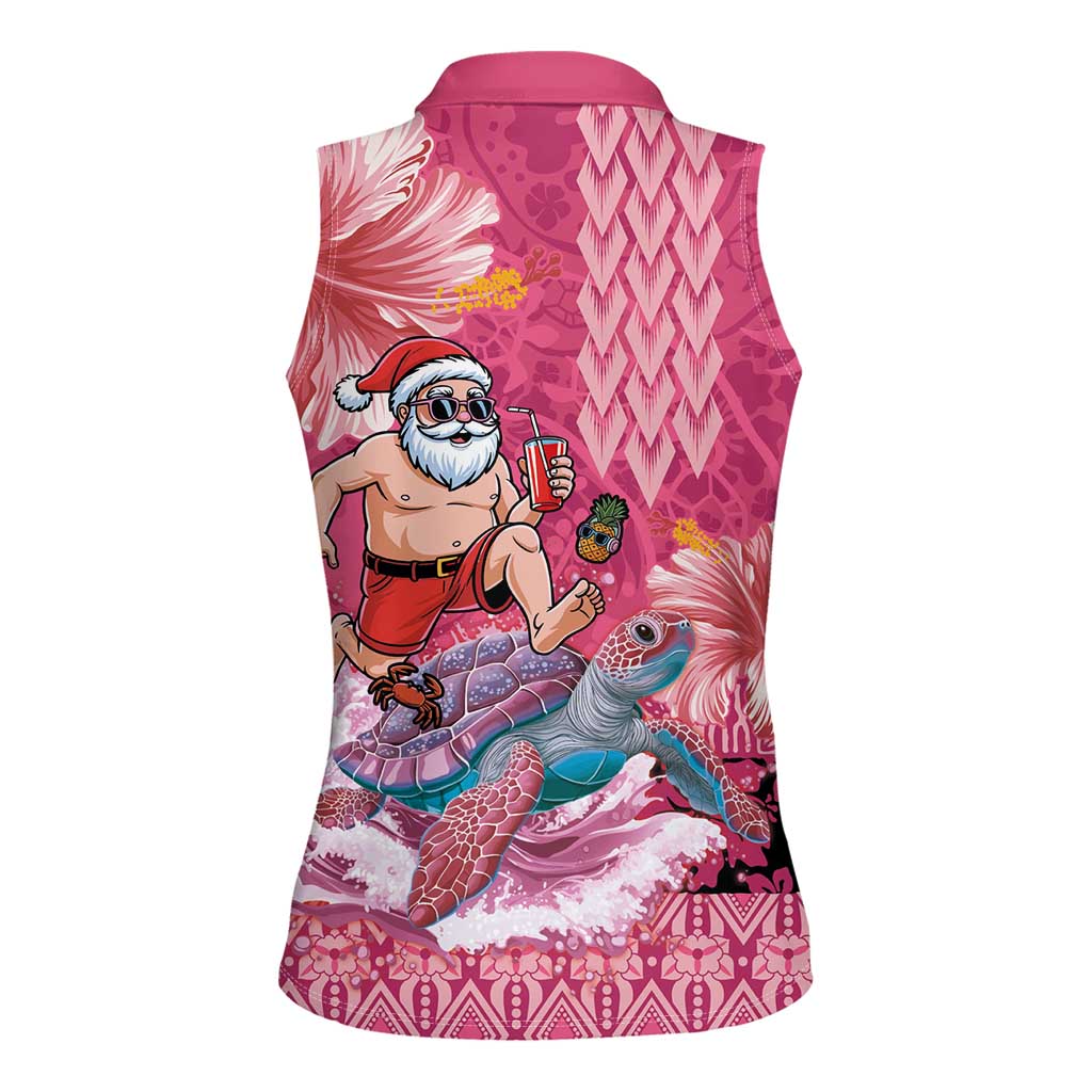 Hawaii Mele Kalikimaka Women Sleeveless Polo Shirt Funny Santa with Tribal Tattoos Kakau Pink Color LT03 - Polynesian Pride