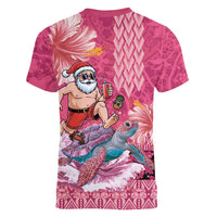Hawaii Mele Kalikimaka Women V-Neck T-Shirt Funny Santa with Tribal Tattoos Kakau Pink Color LT03 - Polynesian Pride