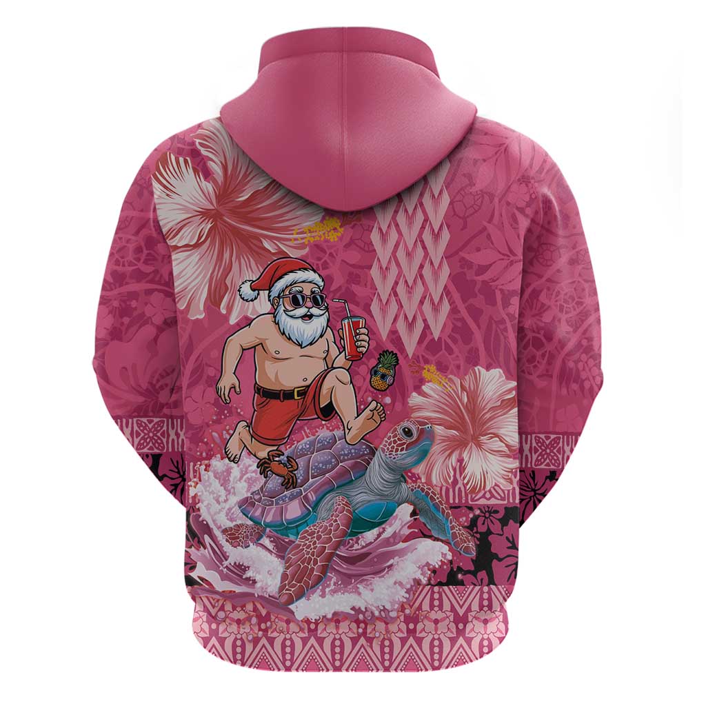 Hawaii Mele Kalikimaka Zip Hoodie Funny Santa with Tribal Tattoos Kakau Pink Color LT03 - Polynesian Pride
