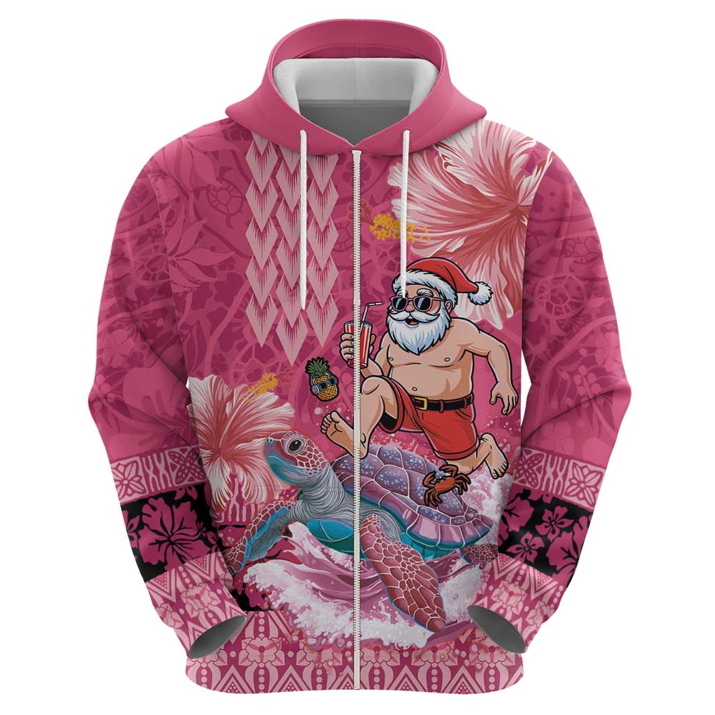 Hawaii Mele Kalikimaka Zip Hoodie Funny Santa with Tribal Tattoos Kakau Pink Color LT03 - Polynesian Pride