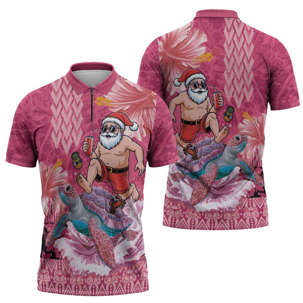 Hawaii Mele Kalikimaka Zipper Polo Shirt Funny Santa with Tribal Tattoos Kakau Pink Color LT03 - Polynesian Pride