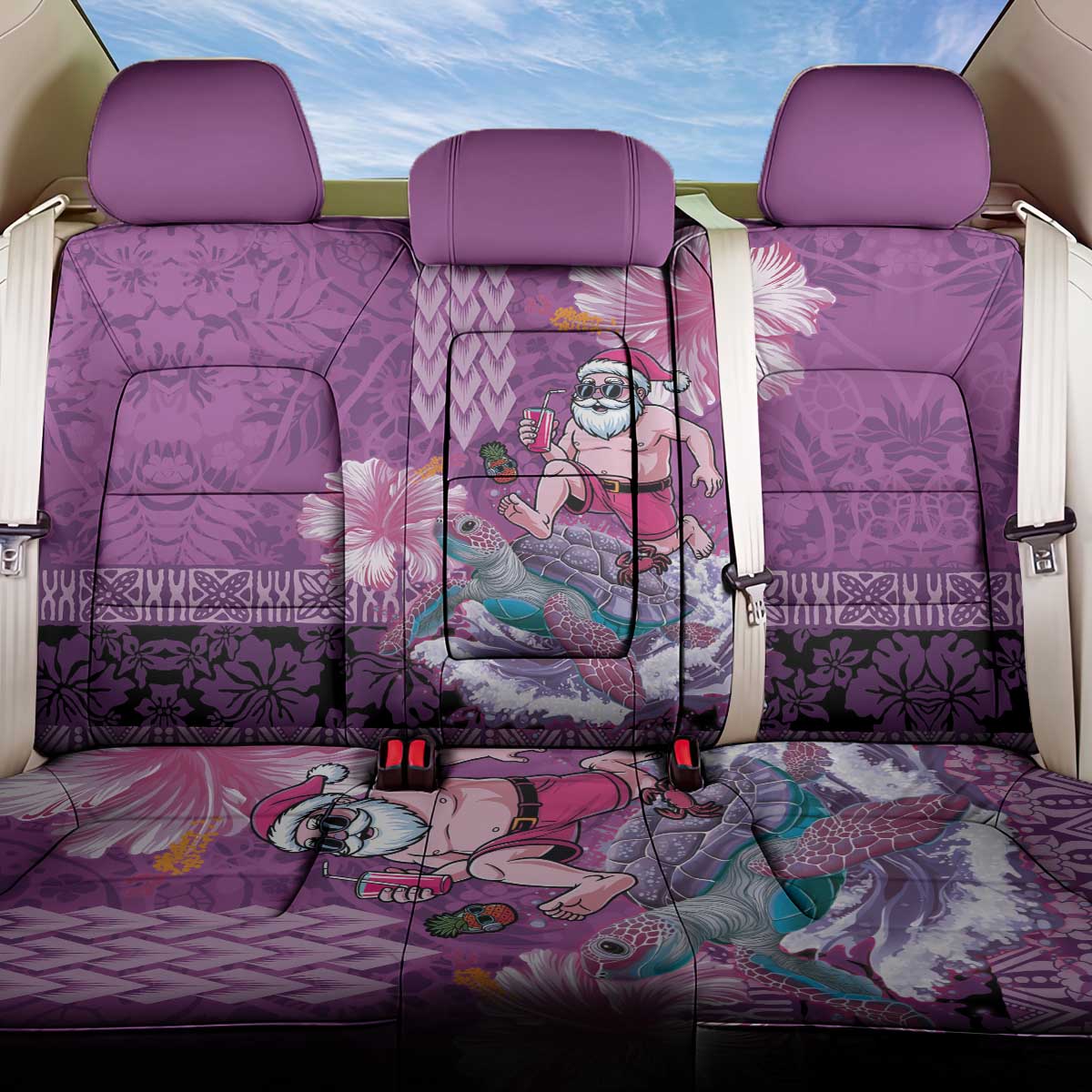 Hawaii Mele Kalikimaka Back Car Seat Cover Funny Santa with Tribal Tattoos Kakau Purple Color LT03 One Size Purple - Polynesian Pride