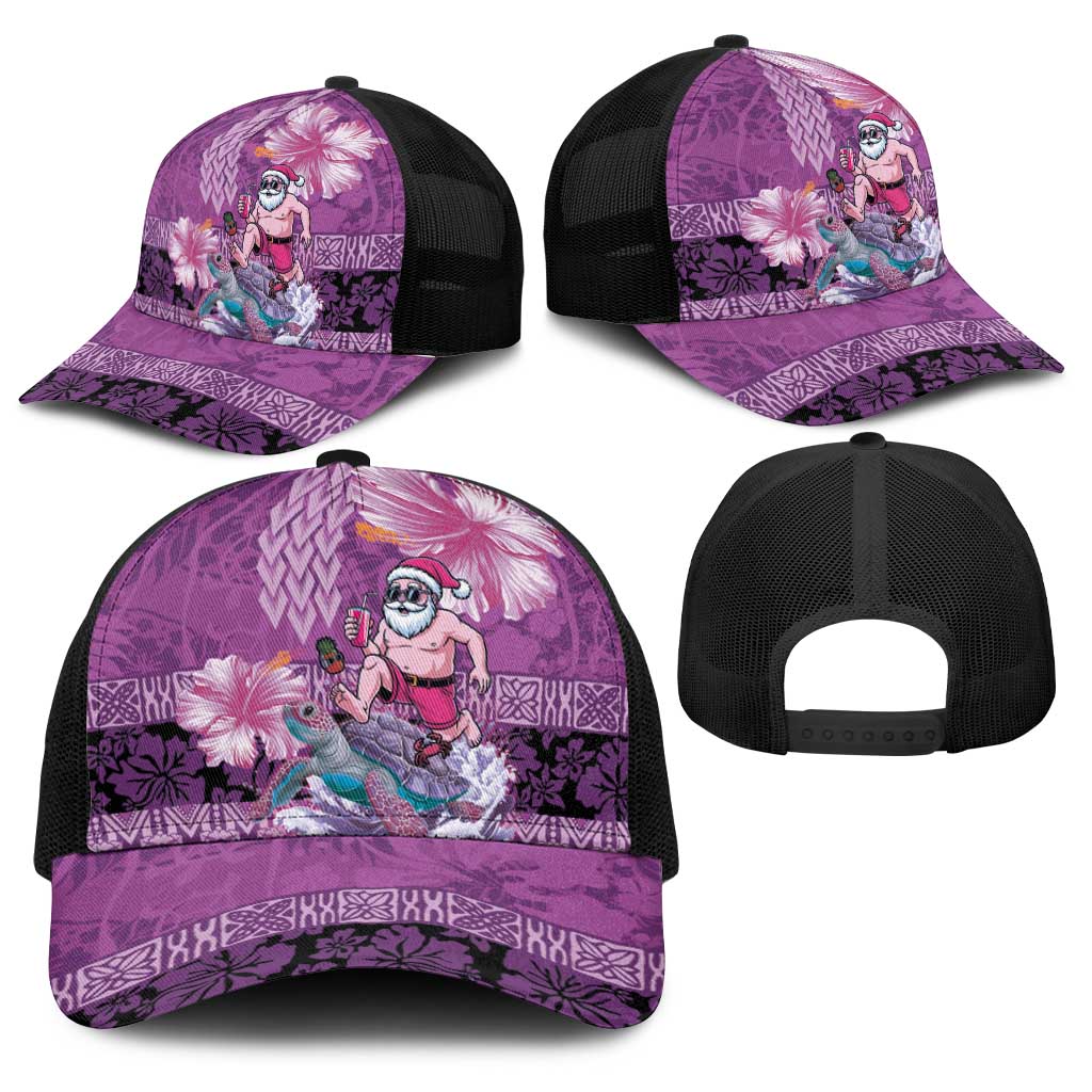 Hawaii Mele Kalikimaka Baseball Net Cap Funny Santa with Tribal Tattoos Kakau Purple Color - Polynesian Pride