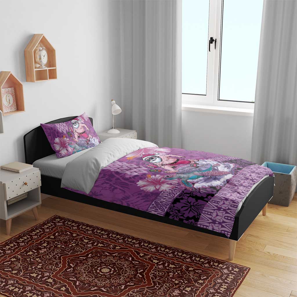 Hawaii Mele Kalikimaka Bedding Set Funny Santa with Tribal Tattoos Kakau Purple Color - Polynesian Pride