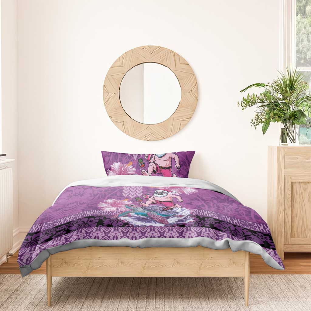 Hawaii Mele Kalikimaka Bedding Set Funny Santa with Tribal Tattoos Kakau Purple Color - Polynesian Pride