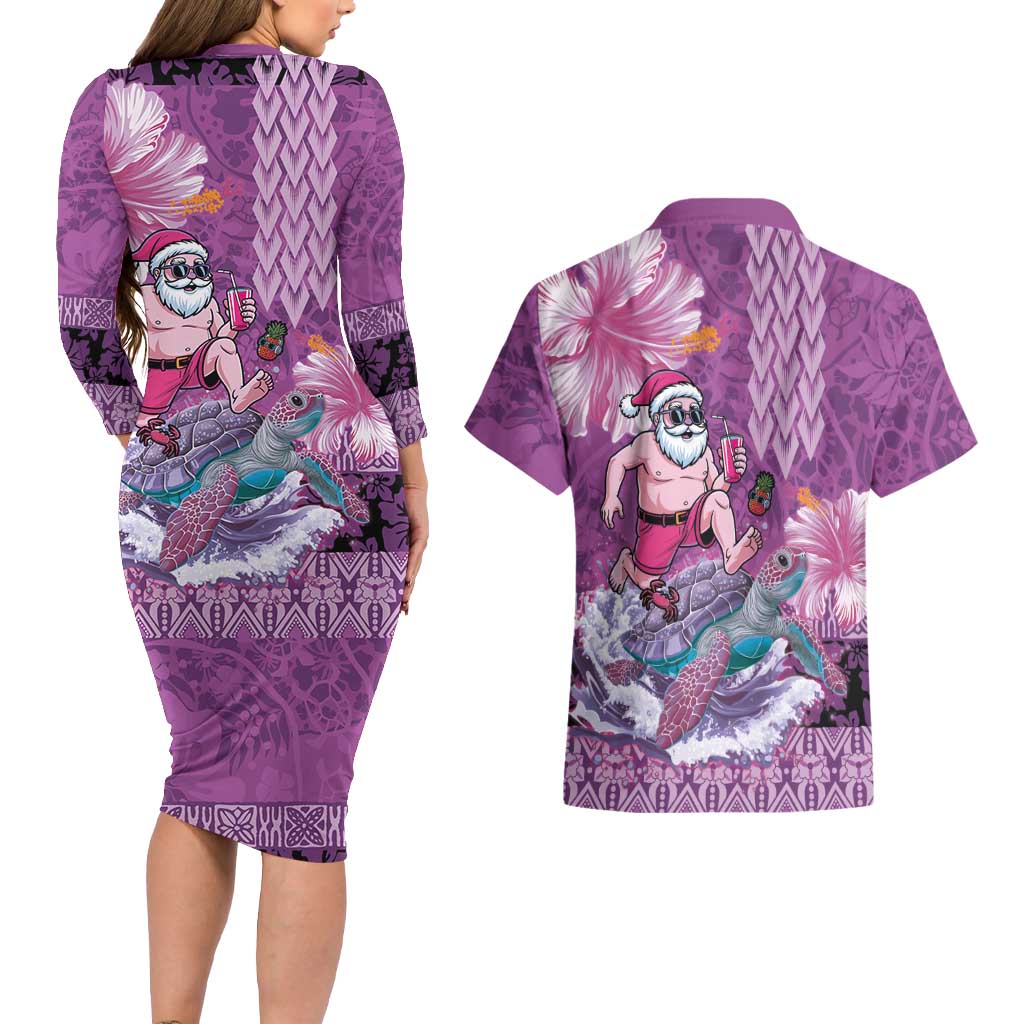 Hawaii Mele Kalikimaka Couples Matching Long Sleeve Bodycon Dress and Hawaiian Shirt Funny Santa with Tribal Tattoos Kakau Purple Color LT03 - Polynesian Pride