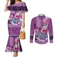 Hawaii Mele Kalikimaka Couples Matching Mermaid Dress and Long Sleeve Button Shirt Funny Santa with Tribal Tattoos Kakau Purple Color LT03 Purple - Polynesian Pride